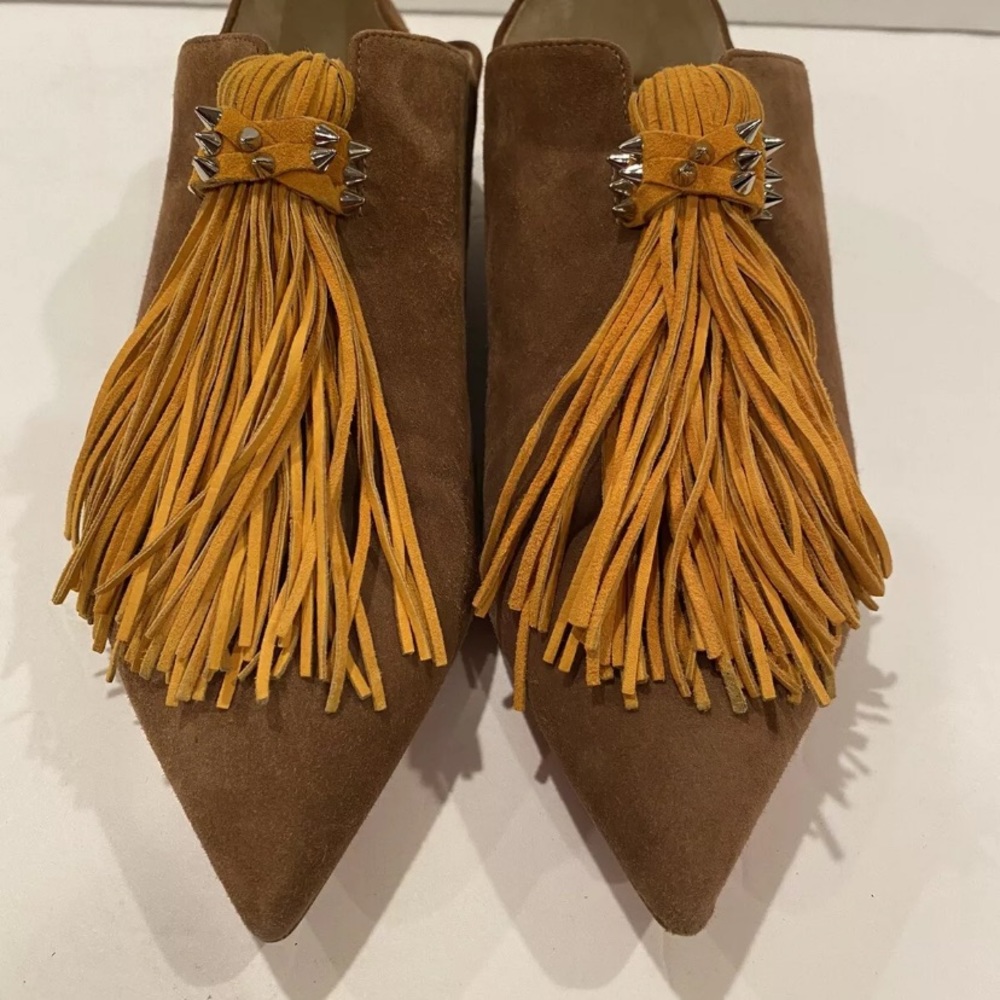 Christian Louboutin suede flat slippers slip on brown fringe studded 34 - Picture 6 of 13